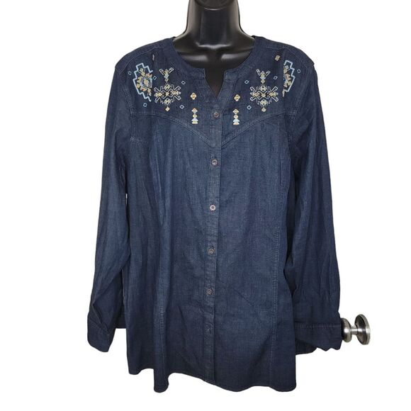Studio by Denim & Co. Embroidered Button-Up Denim Shirt 3x - Picture 1 of 6